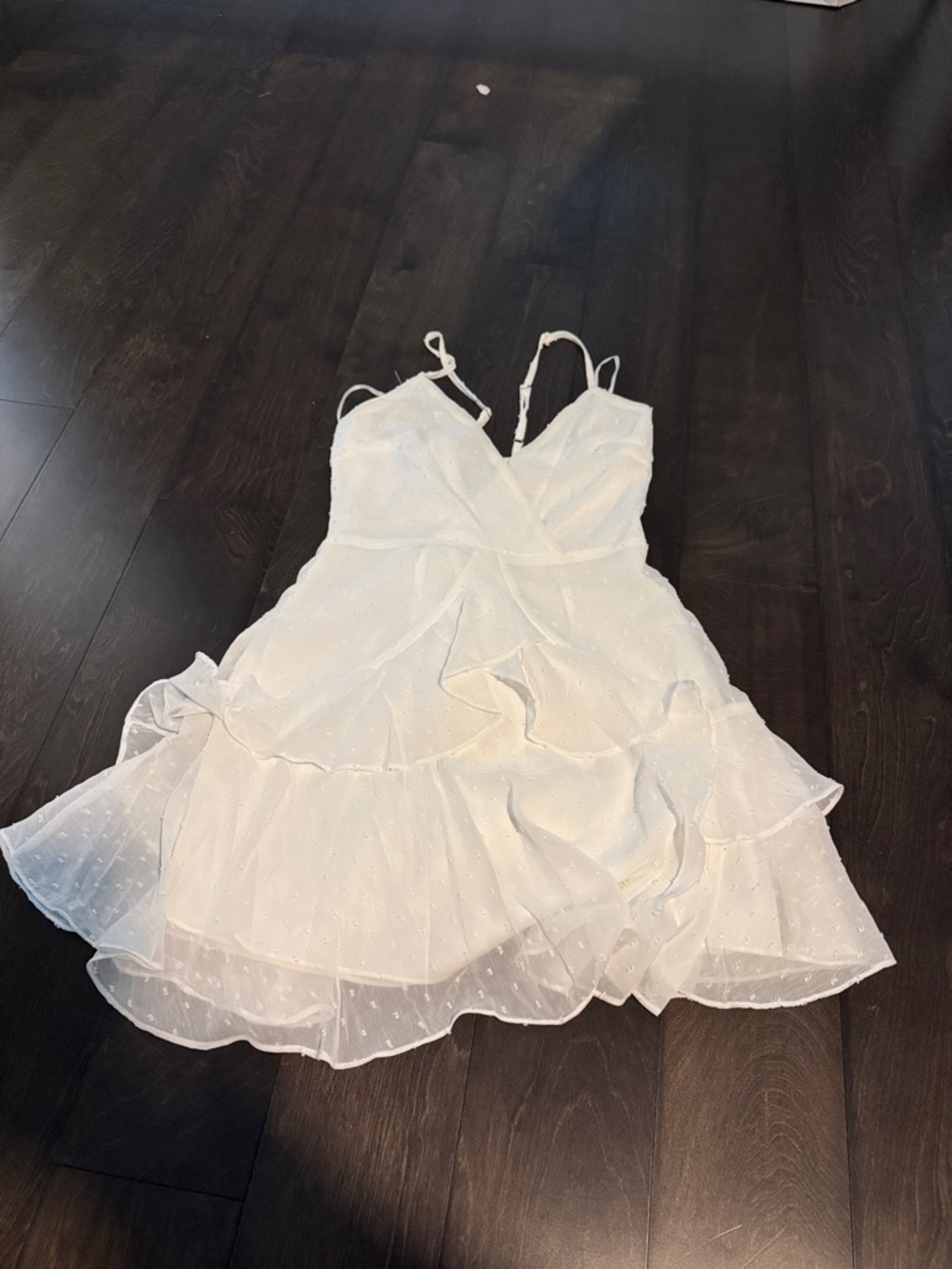 White Ruffle Dot-Textured Dress with Spaghetti Straps